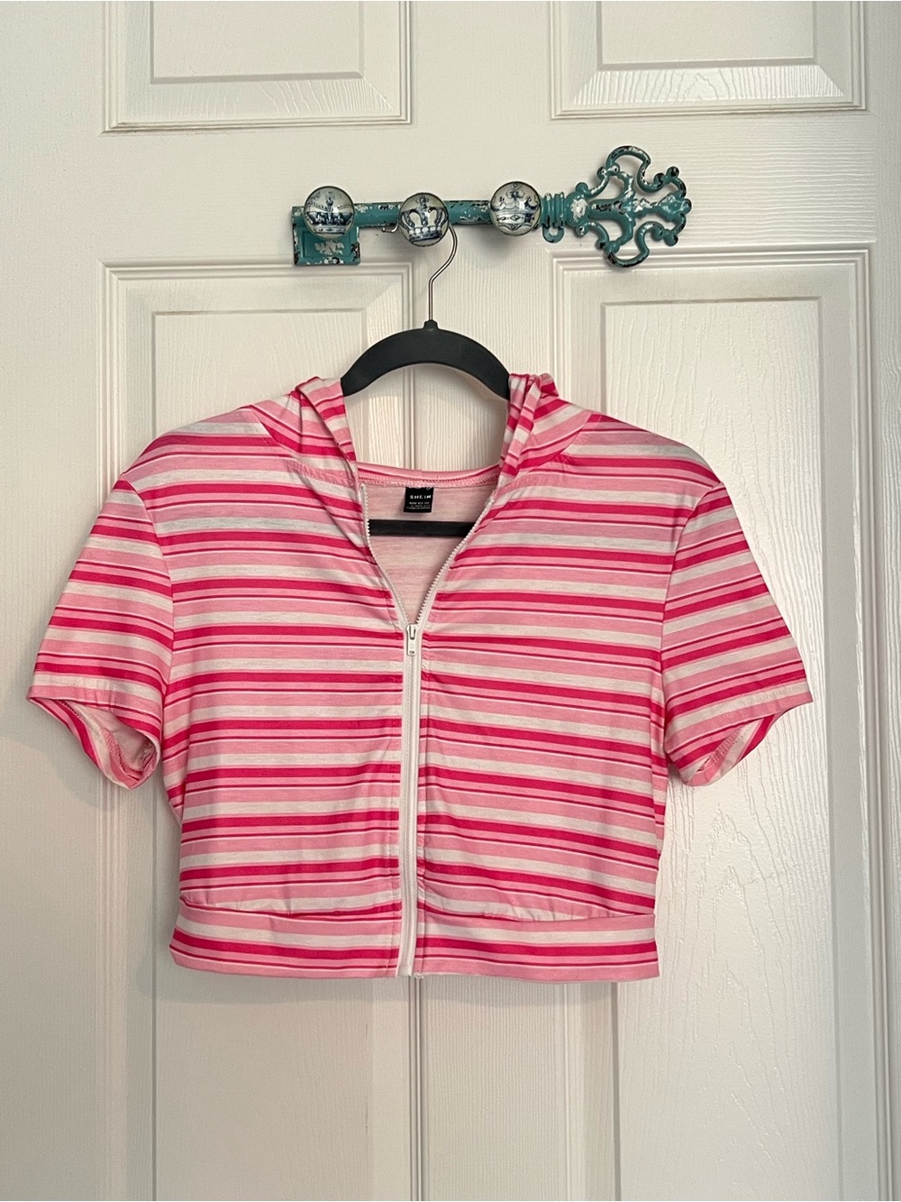 SHEIN Pink and White Striped Cropped Zip Hoodie